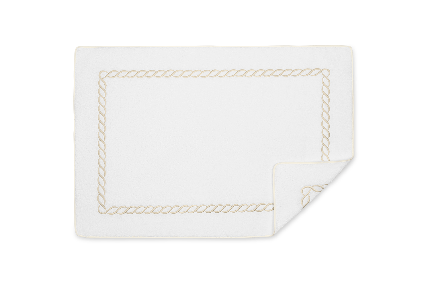 The Matouk Classic Chain Bath Collection features a white rectangular cotton terry towel with a beige classic chain border, shown laid flat with one corner folded over.