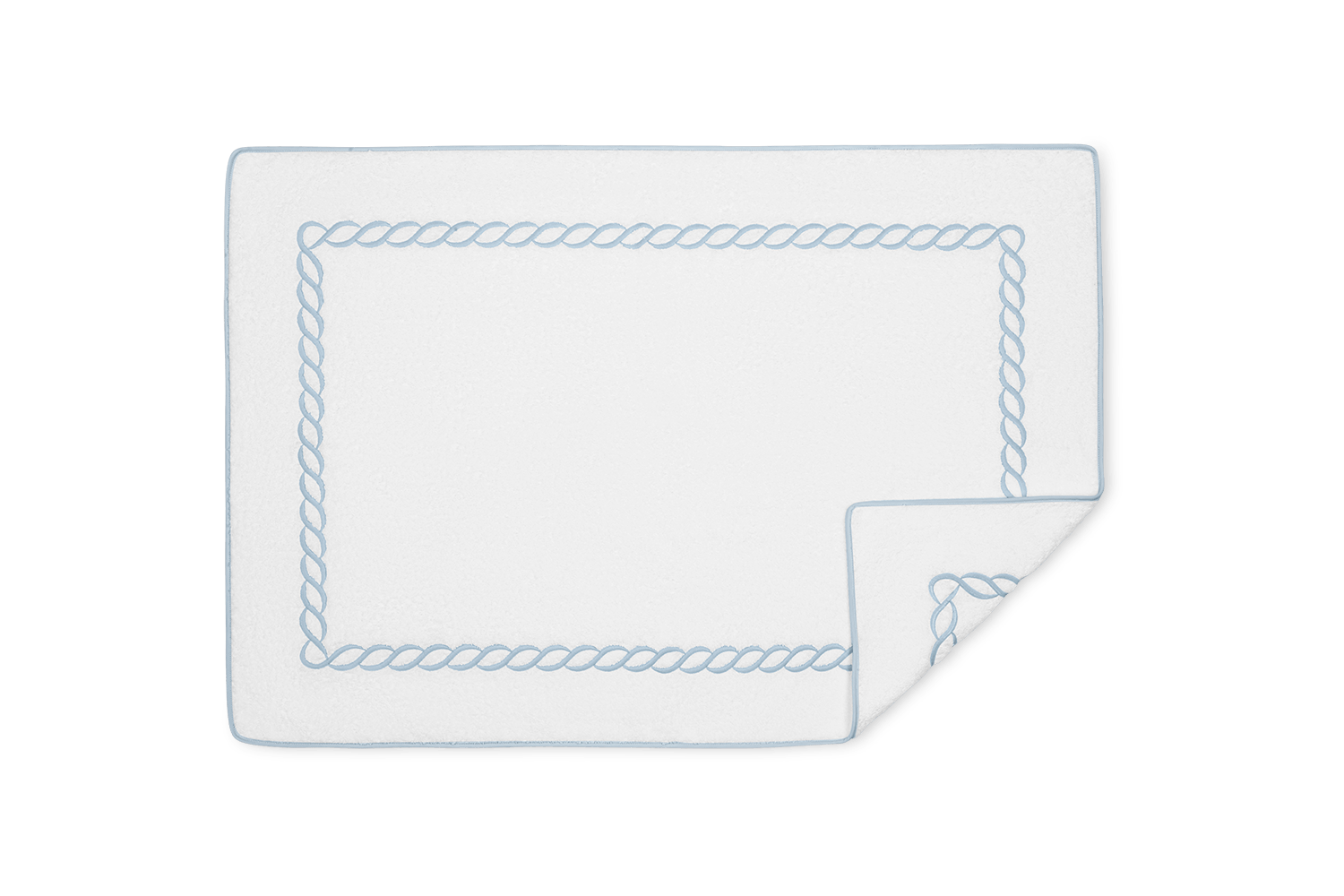 The Matouk Classic Chain Bath Collection features a white blanket with a blue braided border, crafted from soft Cairo cotton terry and shown on a plain background with one corner folded to reveal the underside.