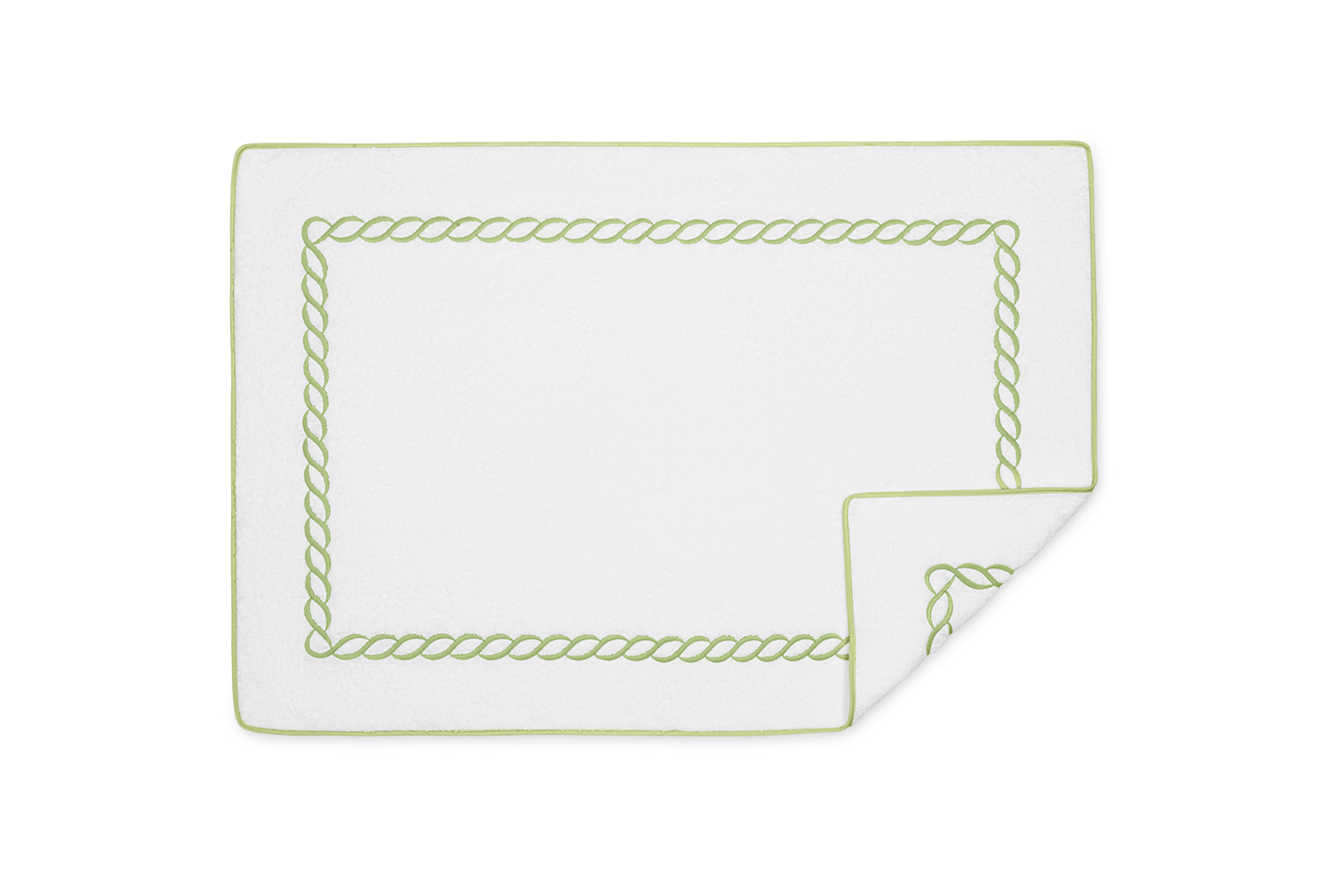 The Matouk Classic Chain Bath Collection features a white square cotton terry towel with an elegant green rope-like border and detailed embroidery visible on the reverse when one corner is folded over.