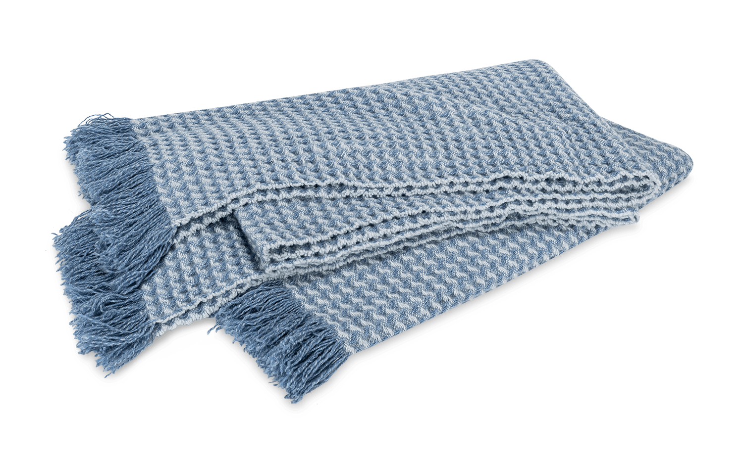 The Cleo Throw Collection by Matouk features a blue and white cashmere throw with fringe and a basketweave pattern, elegantly displayed flat.