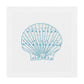The Haute Home Speckled Shell Coaster Set features hand-embroidered light blue seashell designs on white Italian linen coasters.