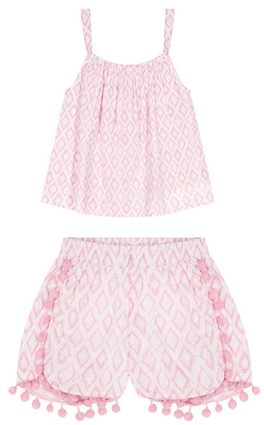 Mer St Barth Colette Girls' Top and Shorts Set with adjustable straps and pom-pom trim.