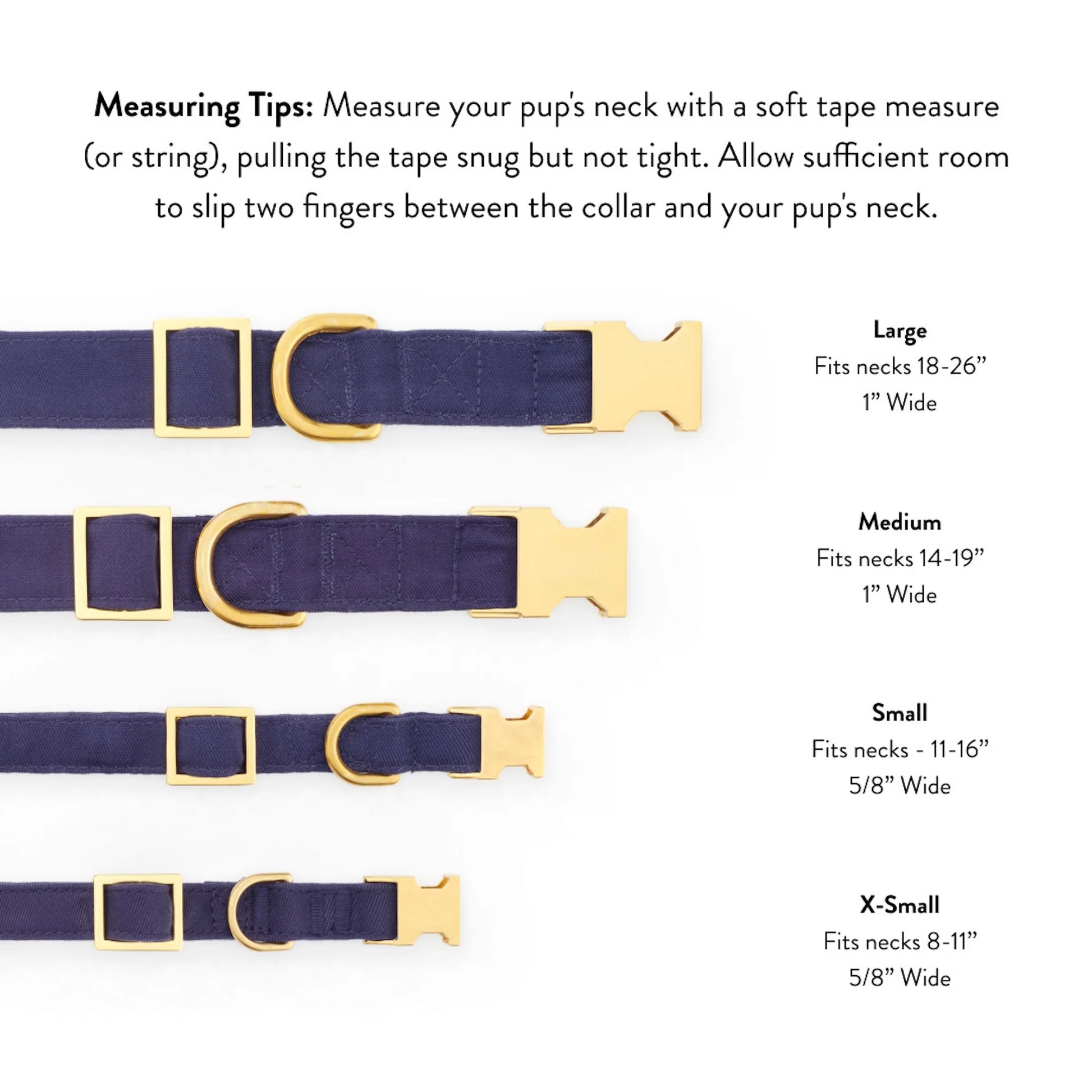 Four neutral Olive Green Dog Collars by The Foggy Dog in large, medium, small, and x-small sizes are shown with gold hardware beside size and measuring information on a white background. An olive accent adds a subtle touch of color to the classic design.