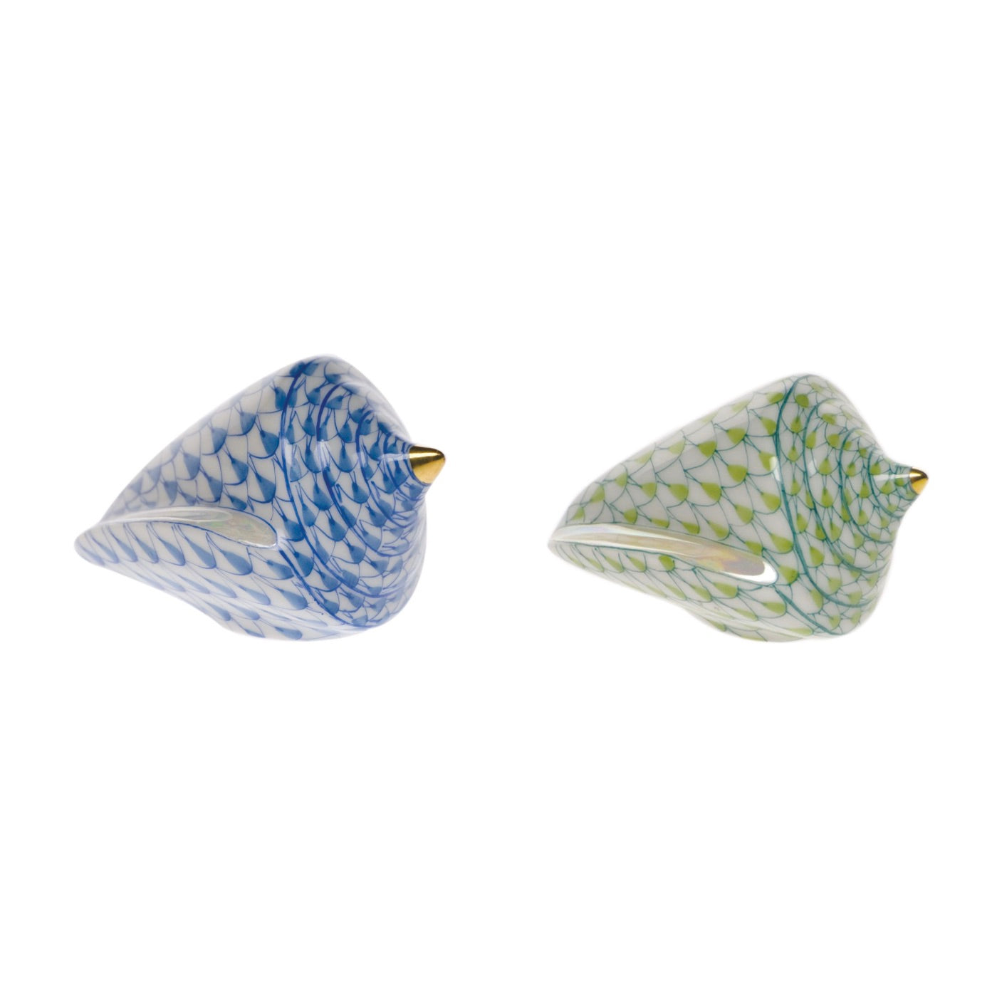 The Herend Cone Shell by Herend features two ceramic bird figurines with hand-painted blue and white, and green and white designs, each highlighted by a gold-colored beak for artistic flair.