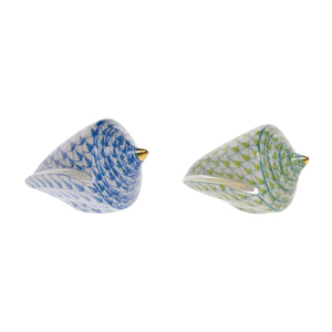 The Herend Cone Shell by Herend features two ceramic bird figurines with hand-painted blue and white, and green and white designs, each highlighted by a gold-colored beak for artistic flair.