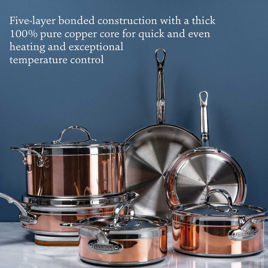 The Hestan CopperBond 10-Piece Set, induction compatible with stainless steel handles, is arranged on a blue background and features text highlighting its durable 5-ply construction.