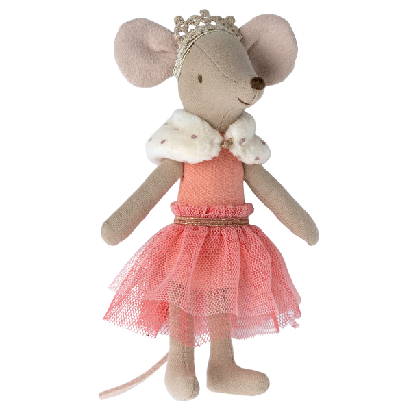 A Maileg Princess Mouse, Big Sister in Coral, adorned with a pink tutu, a fur collar, and a crown, is prepared for her royal duties in the Maileg castle.