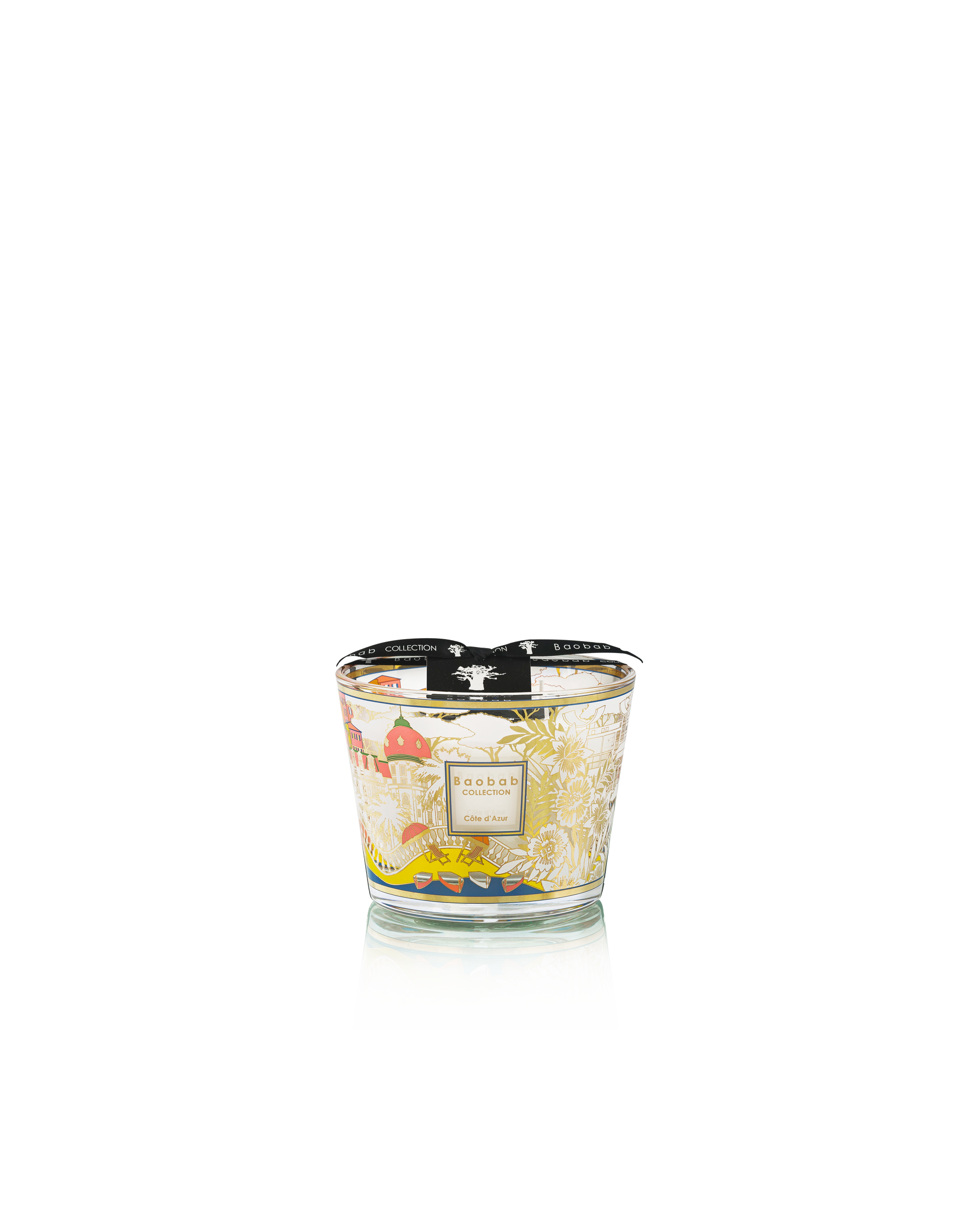 The Baobab Collection Cities Côte d'Azur Candle by Baobab features a colorful floral screen-printed design and a central label with product info, shown on a plain white background.