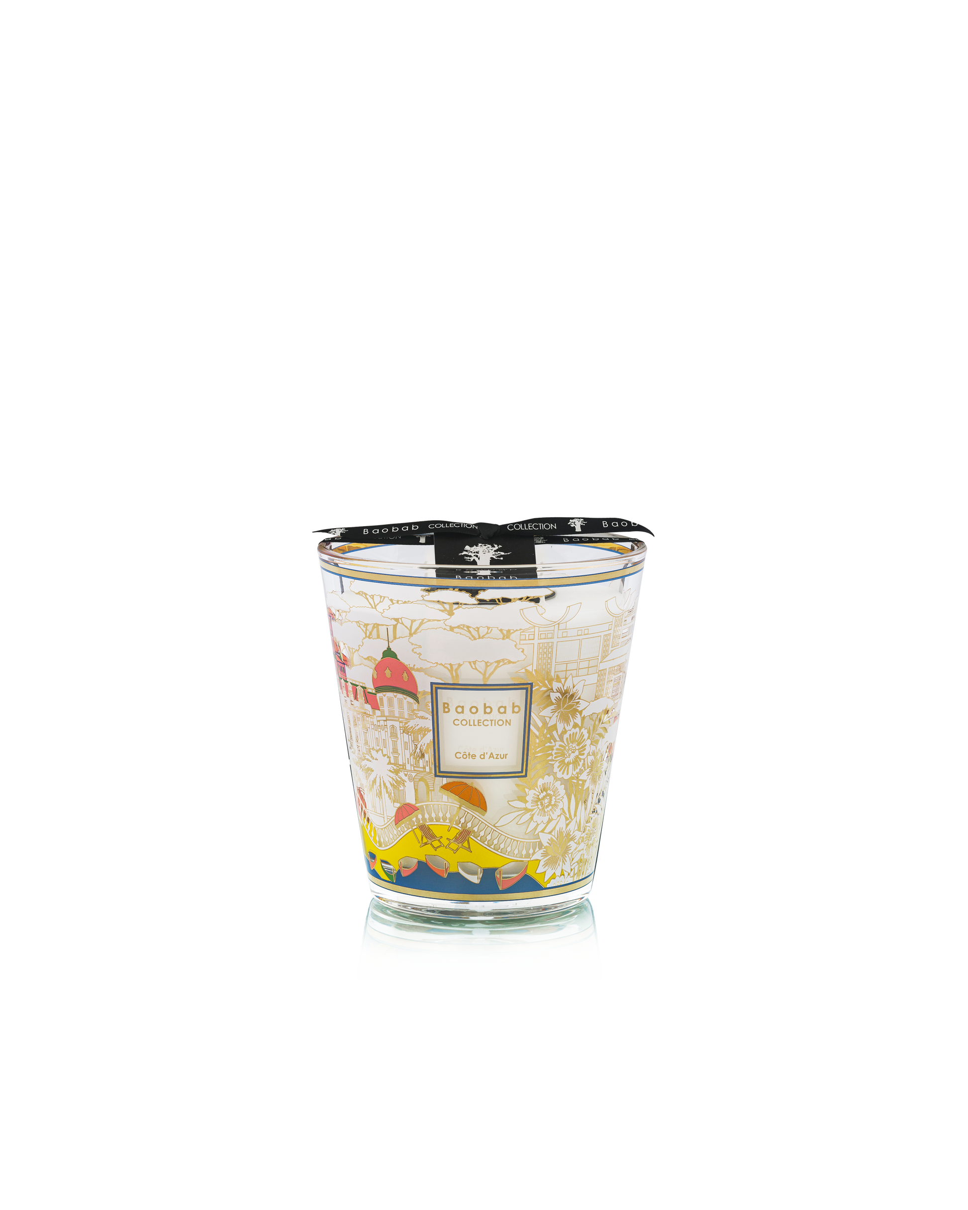 The Baobab Collection Cities Cote d'Azur Candle by Baobab features a vibrant cityscape design and is topped with a black ribbon.