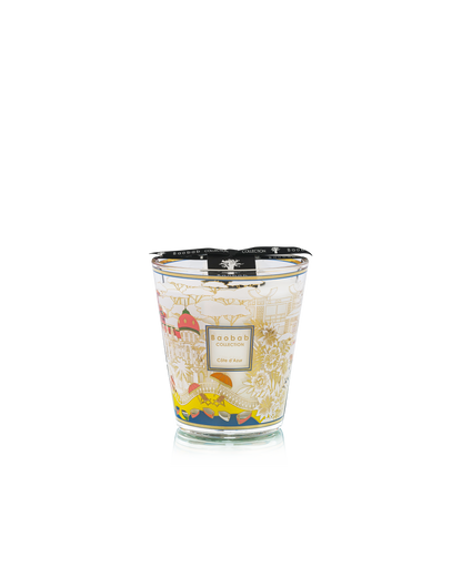 The Baobab Collection Cities Cote d'Azur Candle by Baobab features a vibrant cityscape design and is topped with a black ribbon.