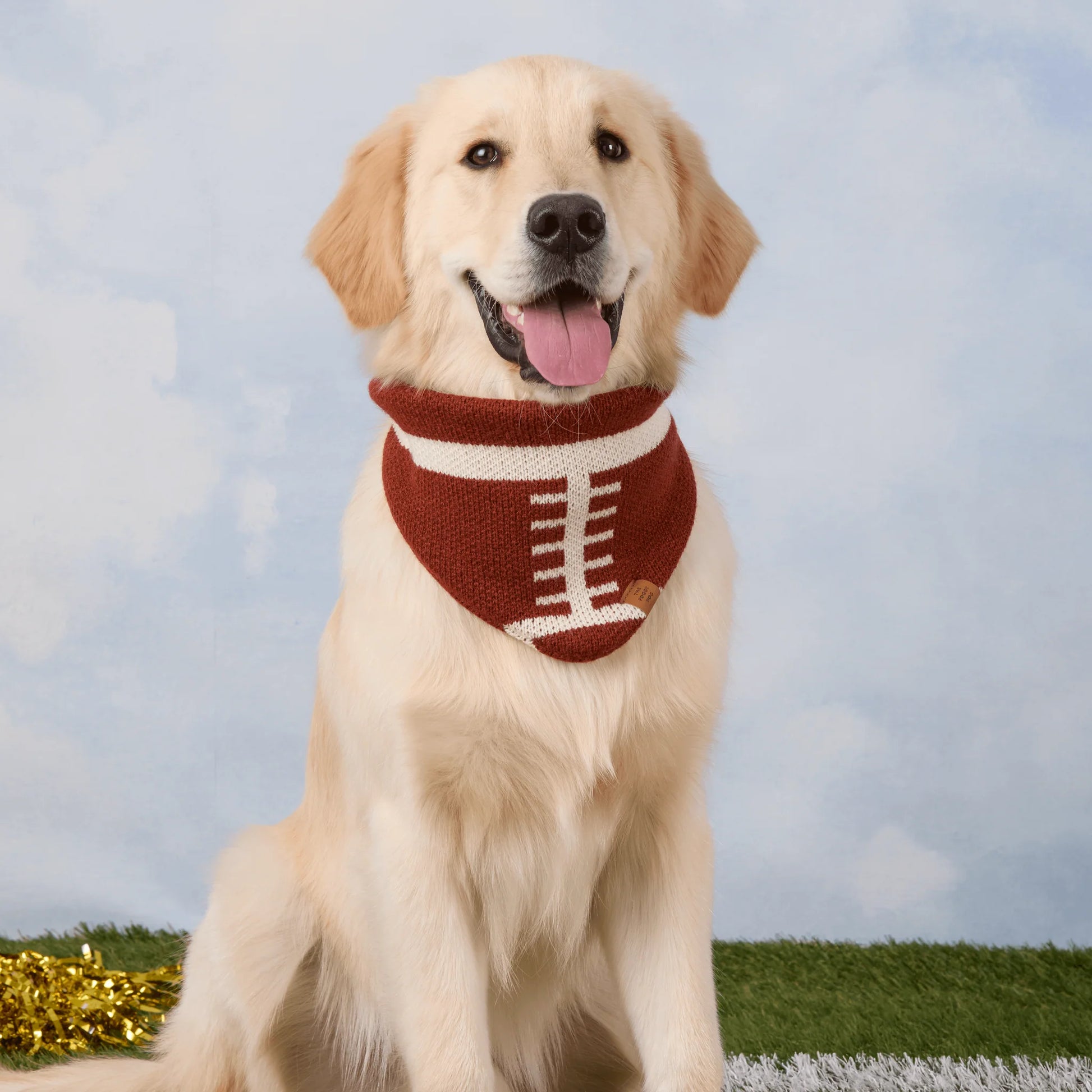 A golden retriever sits on artificial grass with a blue sky backdrop, looking ready for game day in The Foggy Dog’s Football Knit Dog Bandana featuring a sporty design and adjustable snap closure.