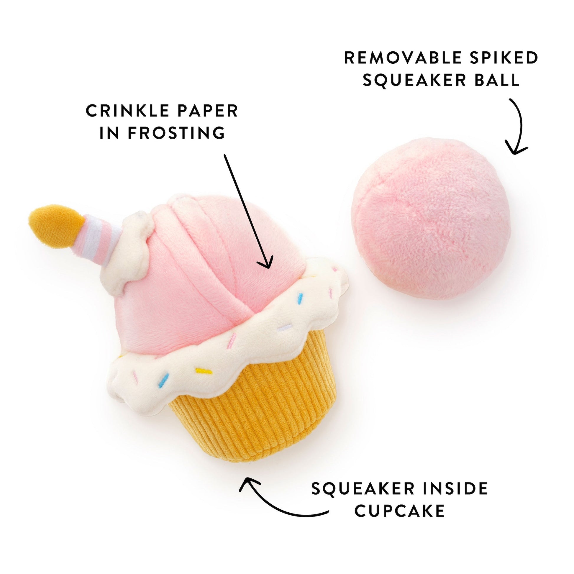 The Foggy Dog Cupcake 2-in-1 Bounce Dog Toy features crinkle frosting, a squeaker inside the cupcake, and a removable spiked squeaker ball for extra fun.