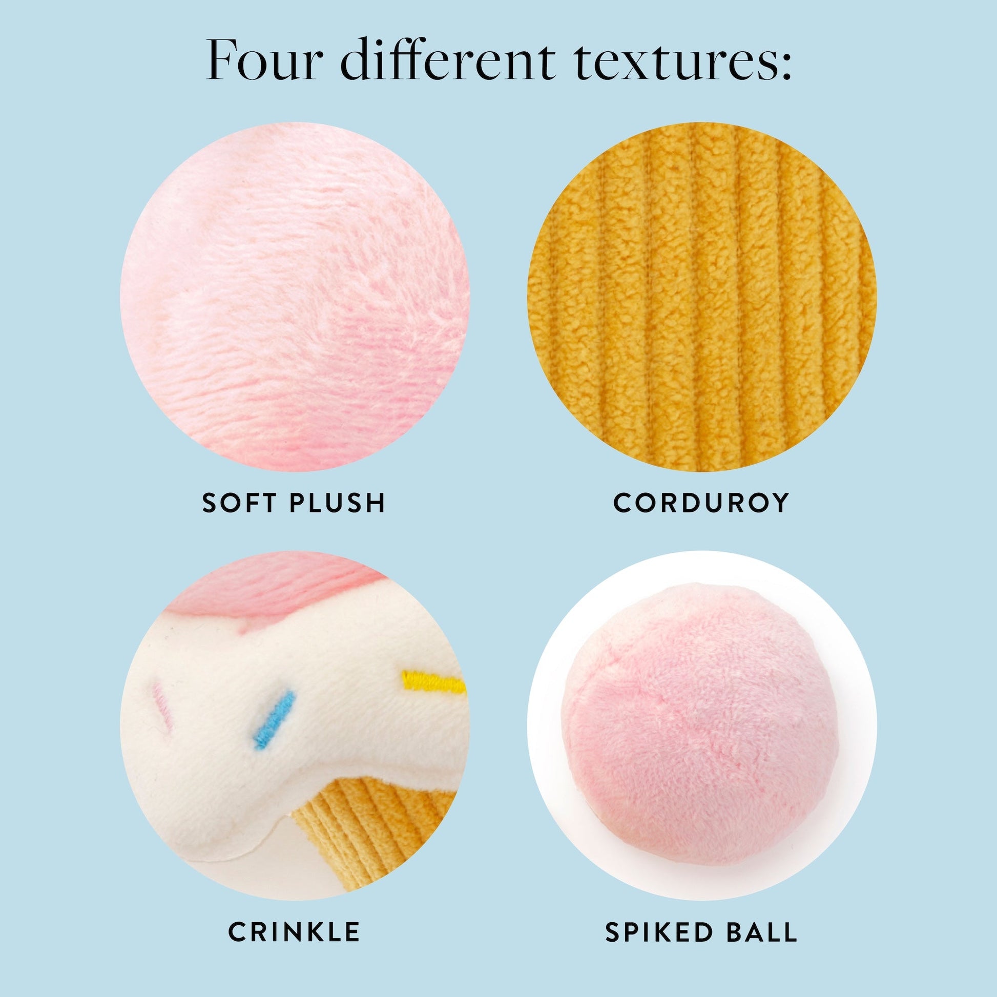 Four circles on a light blue background feature Foggy Dog’s Cupcake 2-in-1 Bounce Dog Toy, displaying textures: soft pink plush, yellow corduroy, crinkle paper fabric, and a pink spiked ball—each clearly labeled.