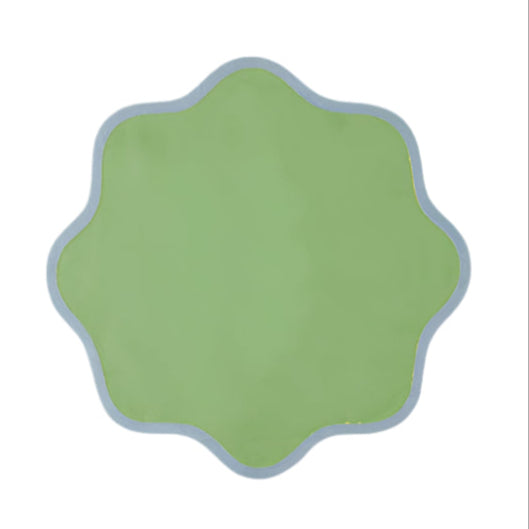 The Daisy Table Linen Collection by Duggan Society features a green, scalloped-edged design with a light blue border on white, evoking the look of elegant linen or scalloped edge napkins.