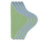 Five stacked, green-topped items from the Duggan Society's Daisy Table Linen Collection, arranged fanned out with blue edges on a white background, evoke the tidy elegance of fine table linens.