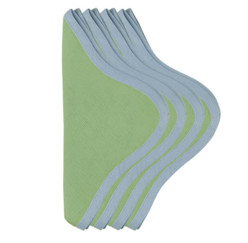 Five stacked, green-topped items from the Duggan Society's Daisy Table Linen Collection, arranged fanned out with blue edges on a white background, evoke the tidy elegance of fine table linens.