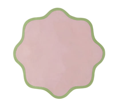 The Daisy Table Linen Collection by Duggan Society features a pink, scalloped-edged design with a green border, reminiscent of elegant table linens, set against a white background.