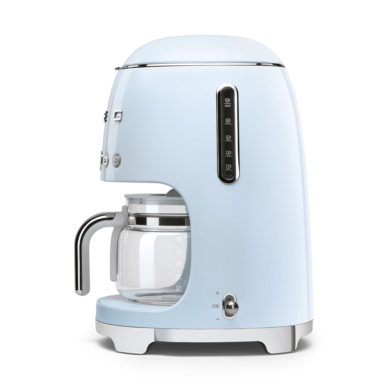 The light blue SMEG Drip Filter Coffee Machine Collection by Smeg includes a glass carafe, silver accents, side control buttons, and an eco-friendly reusable coffee filter.
