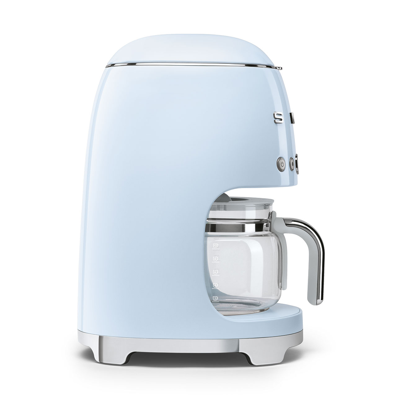 A SMEG Drip Filter Coffee Machine from Smeg in light blue, featuring a retro design with a glass carafe and chrome accents for perfect brews every time.