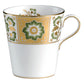 This white porcelain mug from the Derby Panel Green Dinnerware Collection by Royal Crown Derby features a gold and green floral pattern, a gold band around the top, and a right-side handle—an elegant example of British craftsmanship.