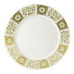 A round white plate from the Derby Panel Green Dinnerware Collection by Royal Crown Derby, featuring a decorative rim with green and gold floral and geometric patterns, exemplifies fine British bone china craftsmanship.