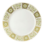 A round white plate from the Derby Panel Green Dinnerware Collection by Royal Crown Derby, featuring a decorative rim with green and gold floral and geometric patterns, exemplifies fine British bone china craftsmanship.