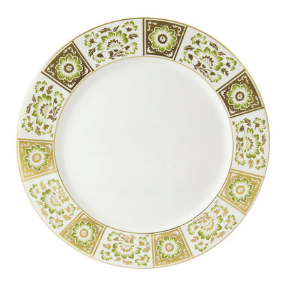 A round white plate from the Derby Panel Green Dinnerware Collection by Royal Crown Derby, featuring a decorative rim with green and gold floral and geometric patterns, exemplifies fine British bone china craftsmanship.