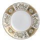 The Royal Crown Derby Derby Panel Green Dinnerware Collection features fine bone china plates with gold and green floral patterns, gold-trimmed rims, and a plain white center, showcasing exquisite British craftsmanship.