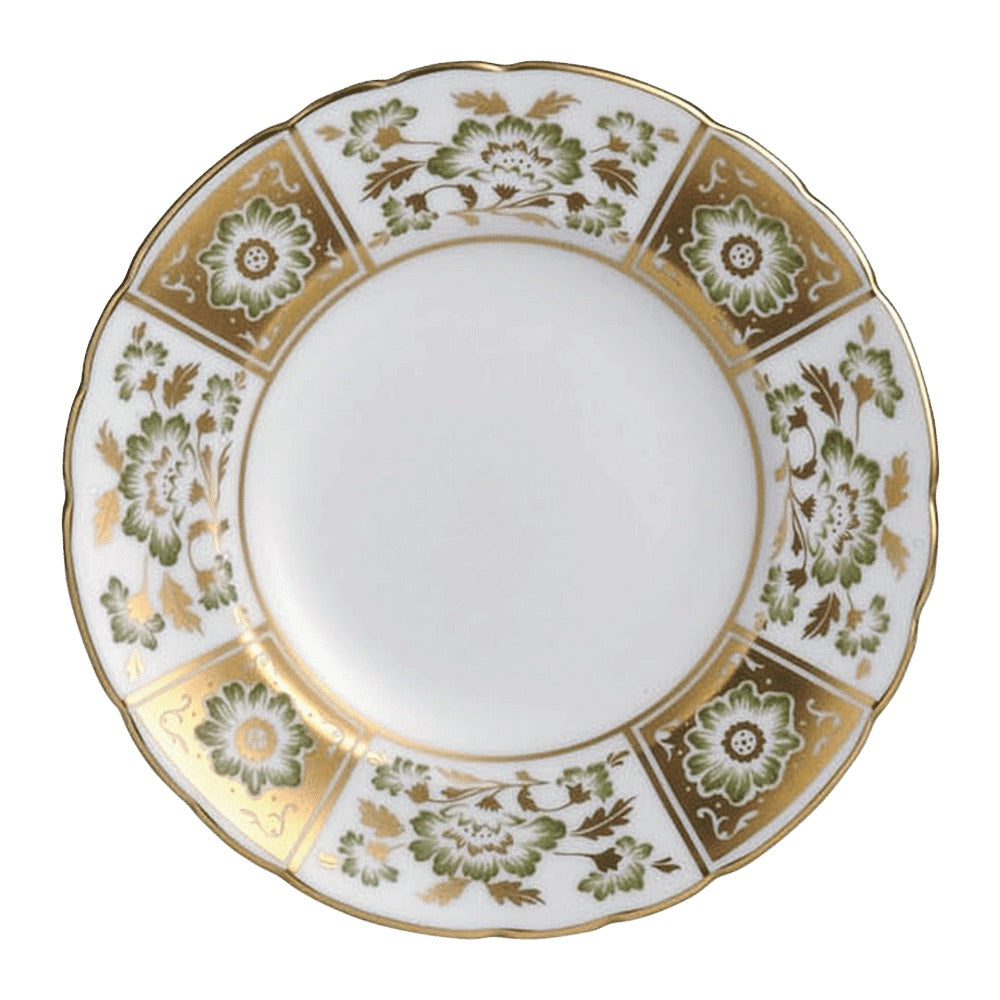 The Royal Crown Derby Derby Panel Green Dinnerware Collection features fine bone china plates with gold and green floral patterns, gold-trimmed rims, and a plain white center, showcasing exquisite British craftsmanship.