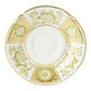 The Royal Crown Derby "Derby Panel Green" Dinnerware Collection features white porcelain plates with scalloped edges, highlighted by gold and green floral patterns in alternating panels around the rim.
