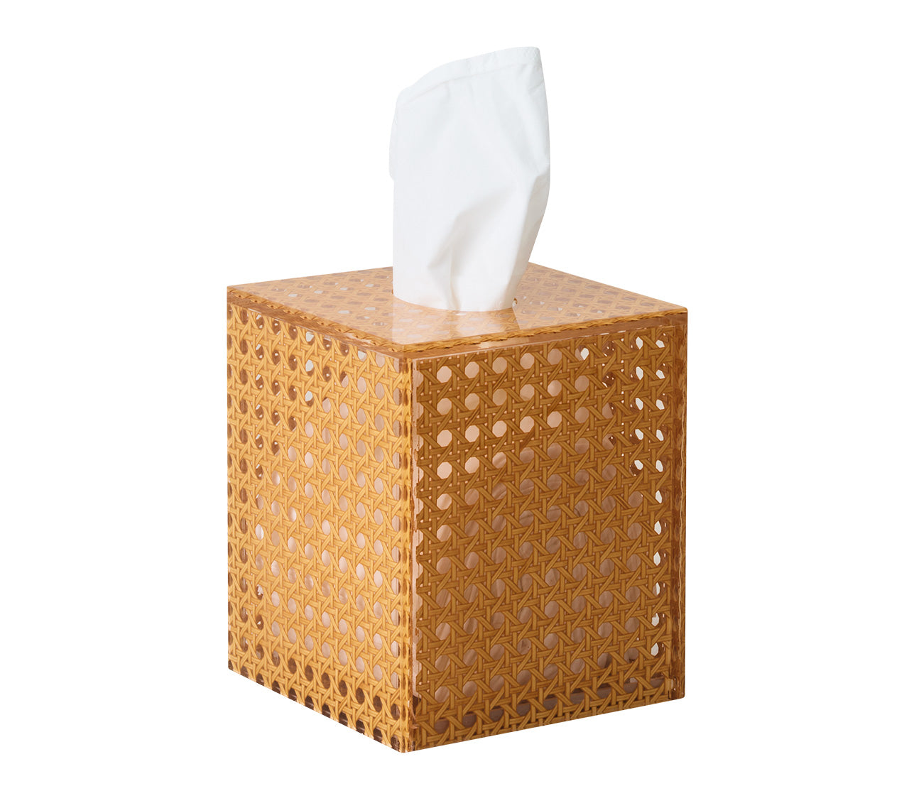 The Kim Seybert Natural Reed Bath Collection features a square, woven rattan tissue box holder with a wicker cane design and a white tissue emerging from the top, displayed against a plain white background.