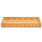 The Kim Seybert Natural Reed Bath Collection features a rectangular woven rattan tray with raised sides and evenly spaced circular holes, showcasing a classic wicker cane design for a stylish look.