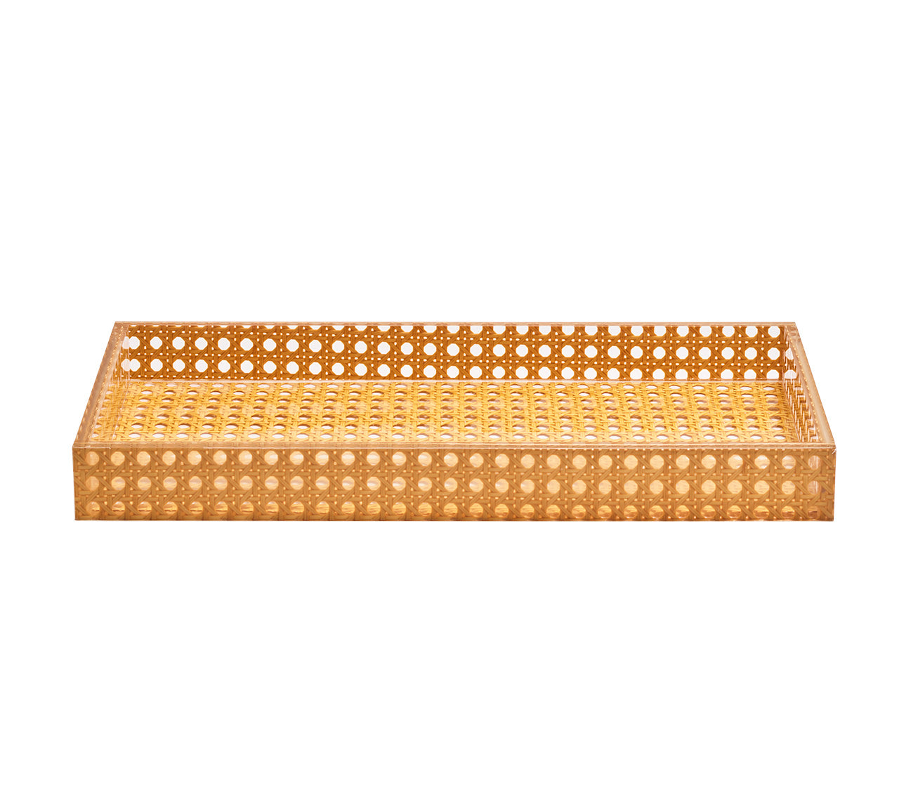 The Kim Seybert Natural Reed Bath Collection features a rectangular woven rattan tray with raised sides and evenly spaced circular holes, showcasing a classic wicker cane design for a stylish look.