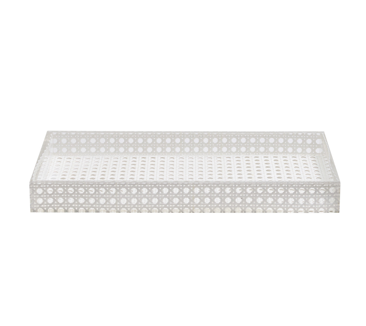 The White Reed Bath Collection by Kim Seybert features a rectangular white tray with raised sides and a geometric reed pattern, reminiscent of wicker cane, shown from the front against a plain background.