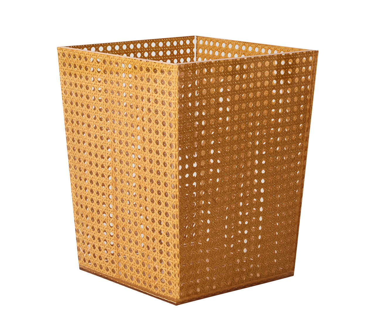 The Kim Seybert Natural Reed Bath Collection wastebasket is square-shaped with a perforated pattern and open top, crafted from natural wicker for a stylish look. Shown against a white background.