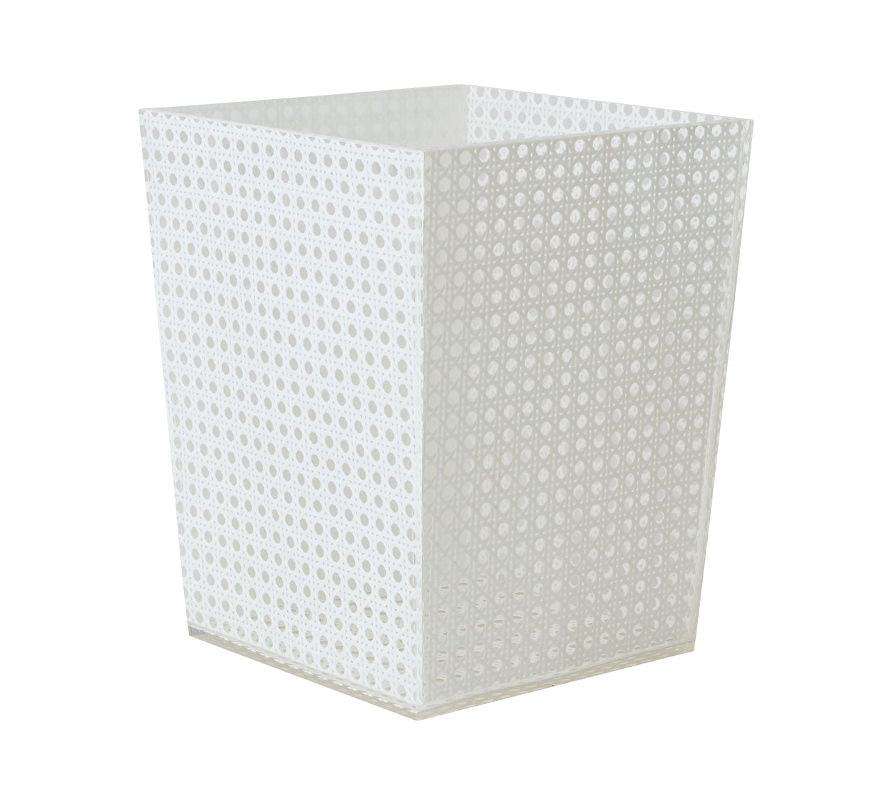 The Kim Seybert White Reed Bath Collection features a white, square wastebasket with a perforated circular pattern inspired by a wicker cane design.