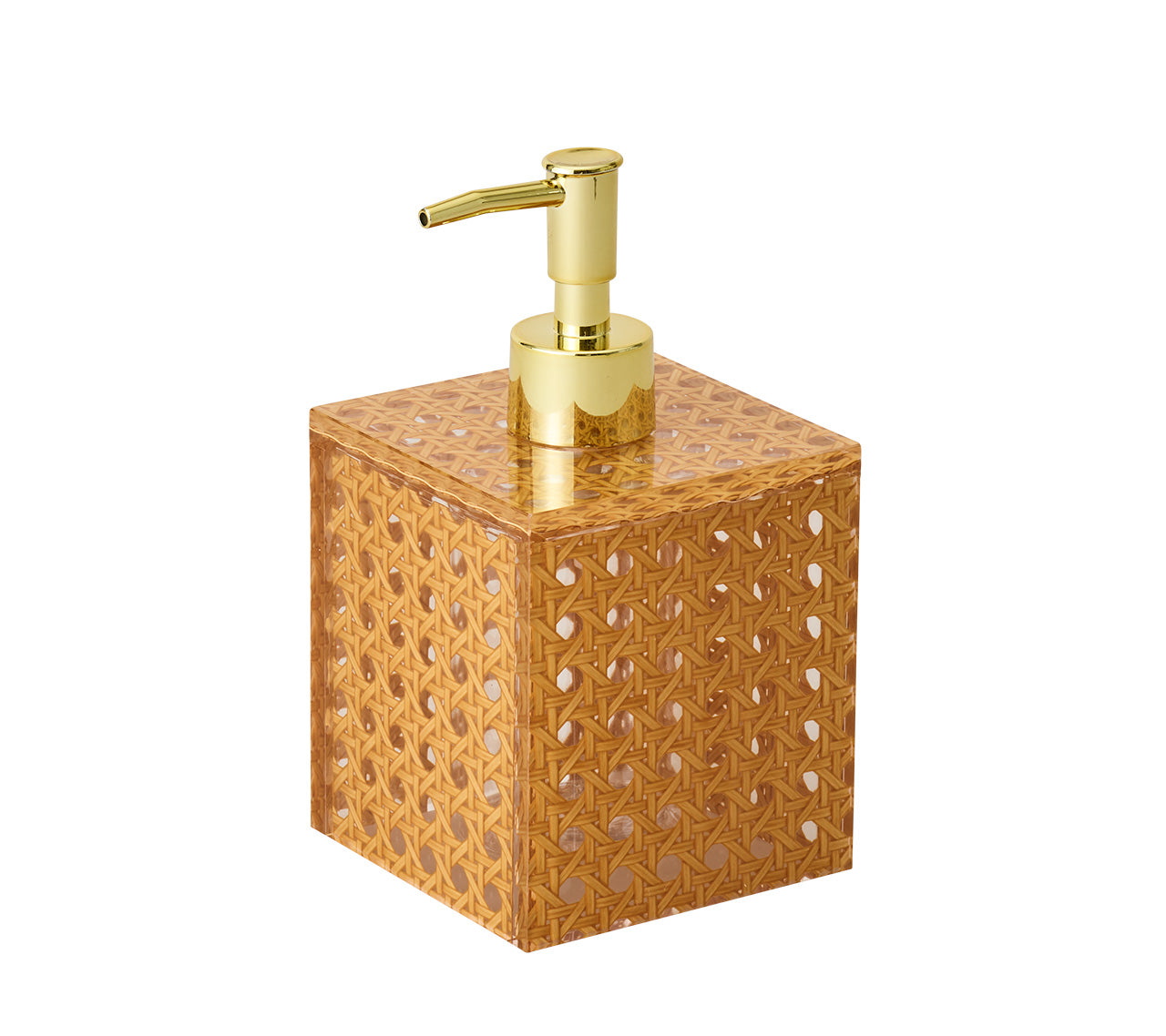 The Kim Seybert Natural Reed Bath Collection soap dispenser, with its square shape, woven rattan design, and gold pump, enhances your home decor with style.