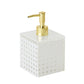 The Kim Seybert White Reed Bath Collection features a square soap dispenser with a textured white wicker cane body and gold pump, displayed against a plain white background.