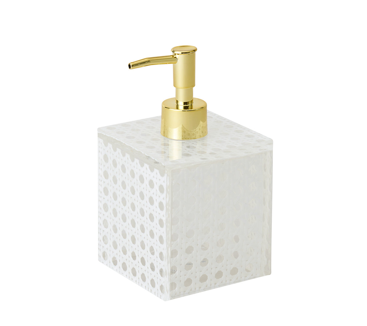 The Kim Seybert White Reed Bath Collection features a square soap dispenser with a textured white wicker cane body and gold pump, displayed against a plain white background.