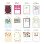 A collection of twelve 2027 Desktop Calendar Refill pages by Dogwood-Hill, each featuring unique floral or seasonal illustrations and the names of the featured artists.