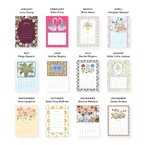 A collection of twelve 2027 Desktop Calendar Refill pages by Dogwood-Hill, each featuring unique floral or seasonal illustrations and the names of the featured artists.