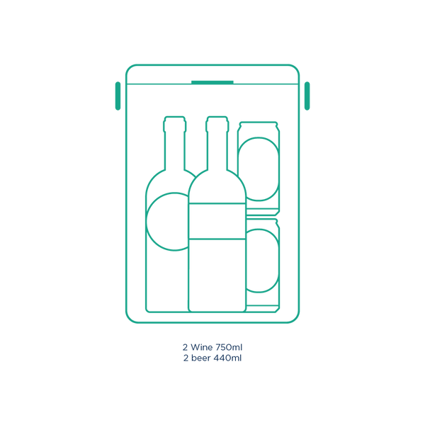 Line drawing of Fieldbar’s Drinks Box Cooler Collection recycling bin with two glass bottles and two aluminum cans—perfect for use with a cooler box or enhancing thermal performance.