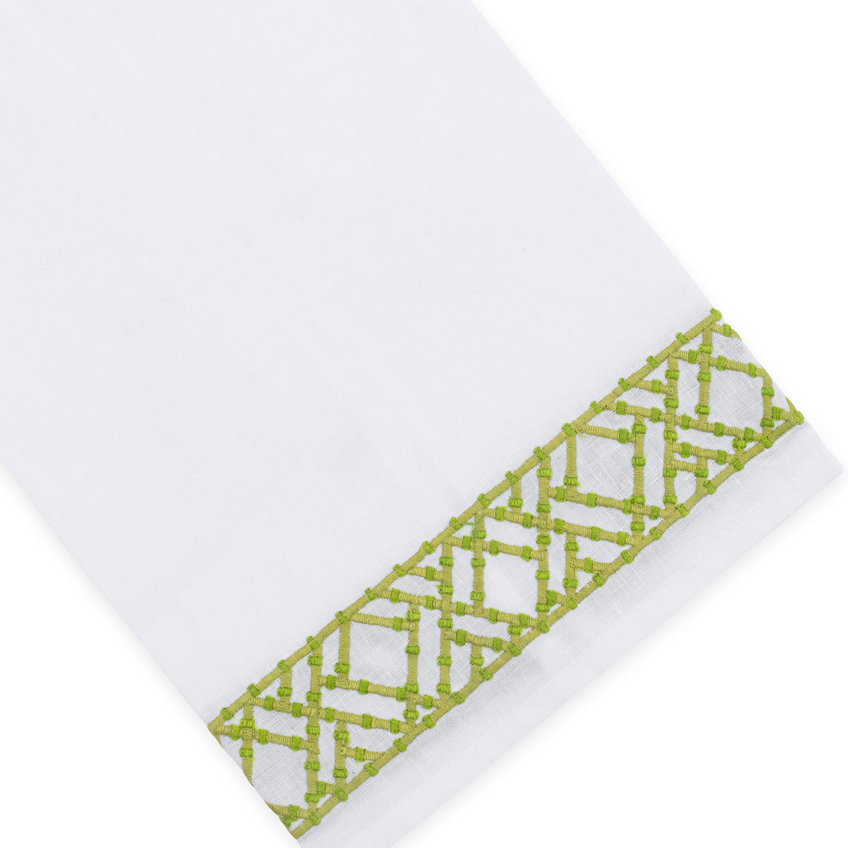 Introducing the Lido Bath Collection by Haute Home: a white linen cloth featuring a green geometric embroidered border on one edge, artfully showcased on a plain background—a sophisticated accent for your home décor.