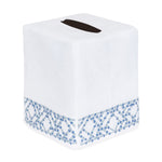 The Lido Bath Collection tissue box cover by Haute Home is crafted from premium white linen and features a blue embroidered geometric pattern near the base, complemented by a rectangular opening on top for easy tissue dispensing—an elegant addition to your home décor.
