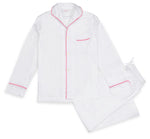 Experience luxury sleep in the Haute Home Smart Pajama Pant Set, made from white cotton sateen with pink piping. The set includes a button-up shirt with a chest pocket and drawstring pants, shown laid flat on a white background.