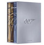 The Assouline James Bond Trilogy with Slipcase includes three hardcover coffee table books—James Bond Destinations, James Bond Style, and James Bond Cars—in a collector’s edition silver set.