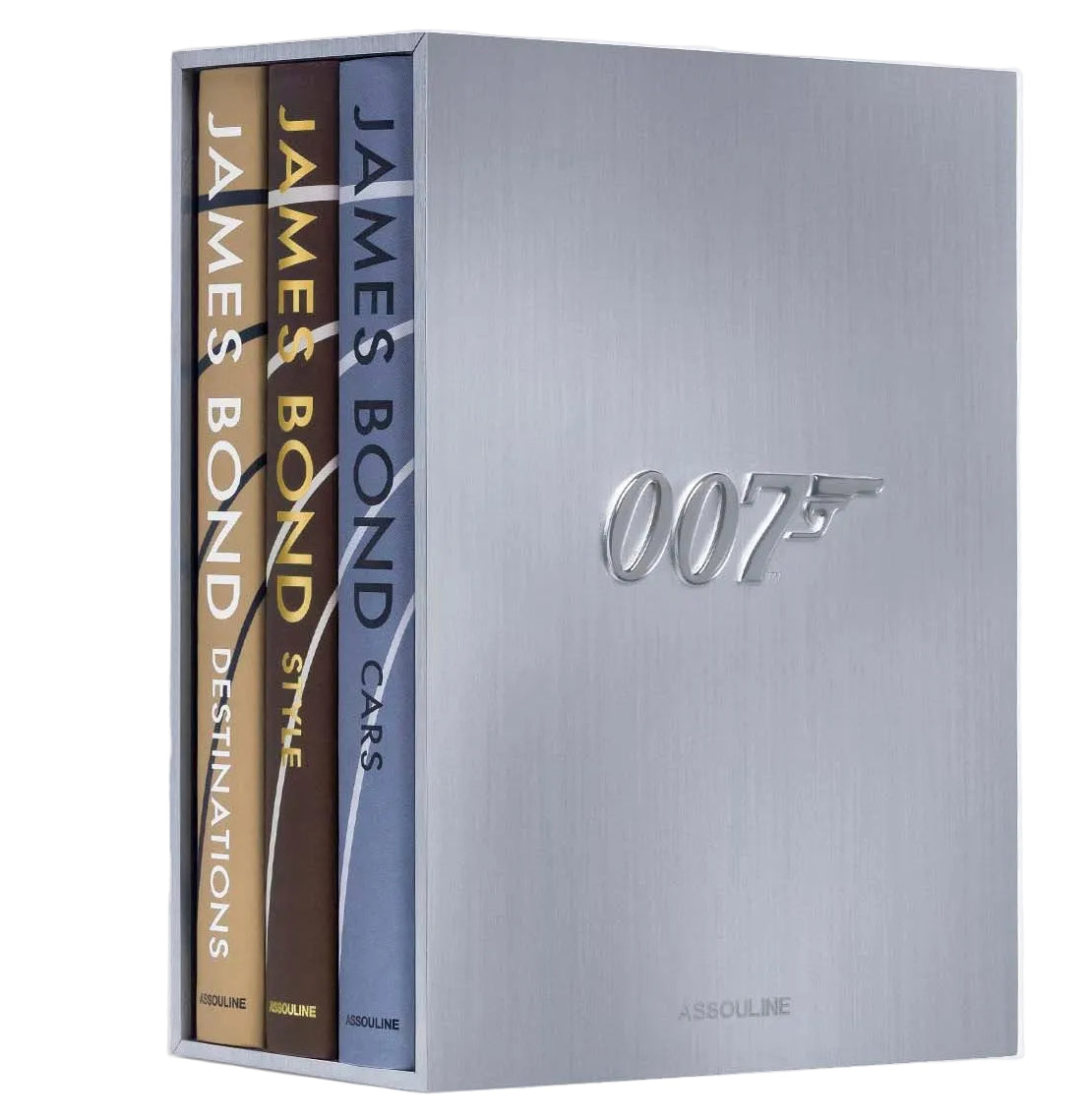 The Assouline James Bond Trilogy with Slipcase includes three hardcover coffee table books—James Bond Destinations, James Bond Style, and James Bond Cars—in a collector’s edition silver set.