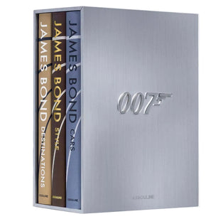 The Assouline James Bond Trilogy with Slipcase includes three hardcover coffee table books—James Bond Destinations, James Bond Style, and James Bond Cars—in a collector’s edition silver set.