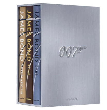 The Assouline James Bond Trilogy with Slipcase includes three hardcover coffee table books—James Bond Destinations, James Bond Style, and James Bond Cars—in a collector’s edition silver set.