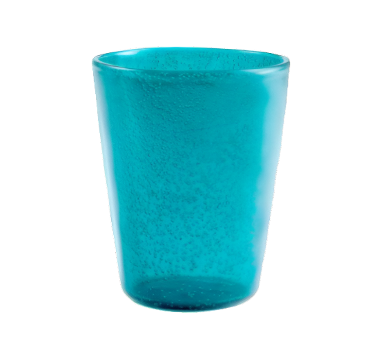 A turquoise acrylic tumbler from the Memento Turquoise Acrylic Drinkware Collection, perfect for outdoor dining, stands out against a white background.